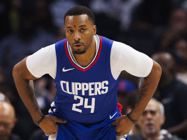 LOS ANGELES, CA - APRIL 05: LA Clippers guard Norman Powell (24) defends during an NBA basketball game against the Utah Jazz on April 5, 2024 at Crypto.com Arena in Los Angeles, CA.