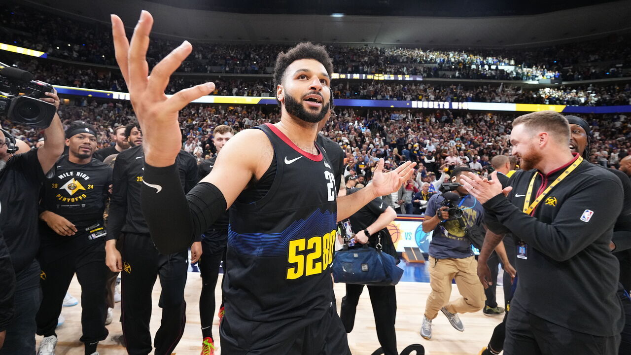 DENVER, CO - APRIL 22: Jamal Murray #27 of the Denver Nuggets celebrates after the game against the Los Angeles Lakers on April 22, 2024 at the Ball Arena in Denver, Colorado. NOTE TO USER: User expressly acknowledges and agrees that, by downloading and/or using this Photograph, user is consenting to the terms and conditions of the Getty Images License Agreement. Mandatory Copyright Notice: Copyright 2024 NBAE