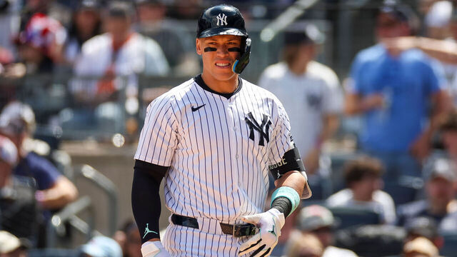 BRONX, NY - APRIL 20: New York Yankees outfielder Aaron Judge (99) walks up to the batters box in the sixth inning during a regular season game between the Tampa Bay Rays and New York Yankees on April 20, 2024 at Yankee Stadium in the Bronx, New York.