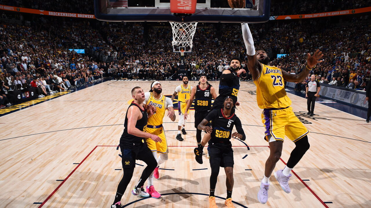 DENVER, CO - APRRIL 22: LeBron James #23 of the Los Angeles Lakers drives to the basket during the game against the Denver Nuggets during Round 1 Game 2 of the 2024 NBA Playoffs on April 22, 2024 at the Ball Arena in Denver, Colorado. NOTE TO USER: User expressly acknowledges and agrees that, by downloading and/or using this Photograph, user is consenting to the terms and conditions of the Getty Images License Agreement. Mandatory Copyright Notice: Copyright 2024 NBAE