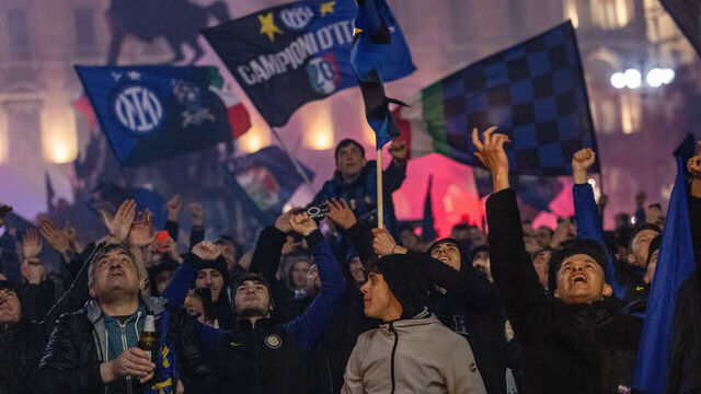 Inter supporters are celebrating the club's 20th Scudetto in Duomo Square, downtown Milan, following the final whistle of the Serie A TIM match between AC Milan and FC Internazionale at Stadio Giuseppe Meazza in Milan, Italy, on April 22, 2024.