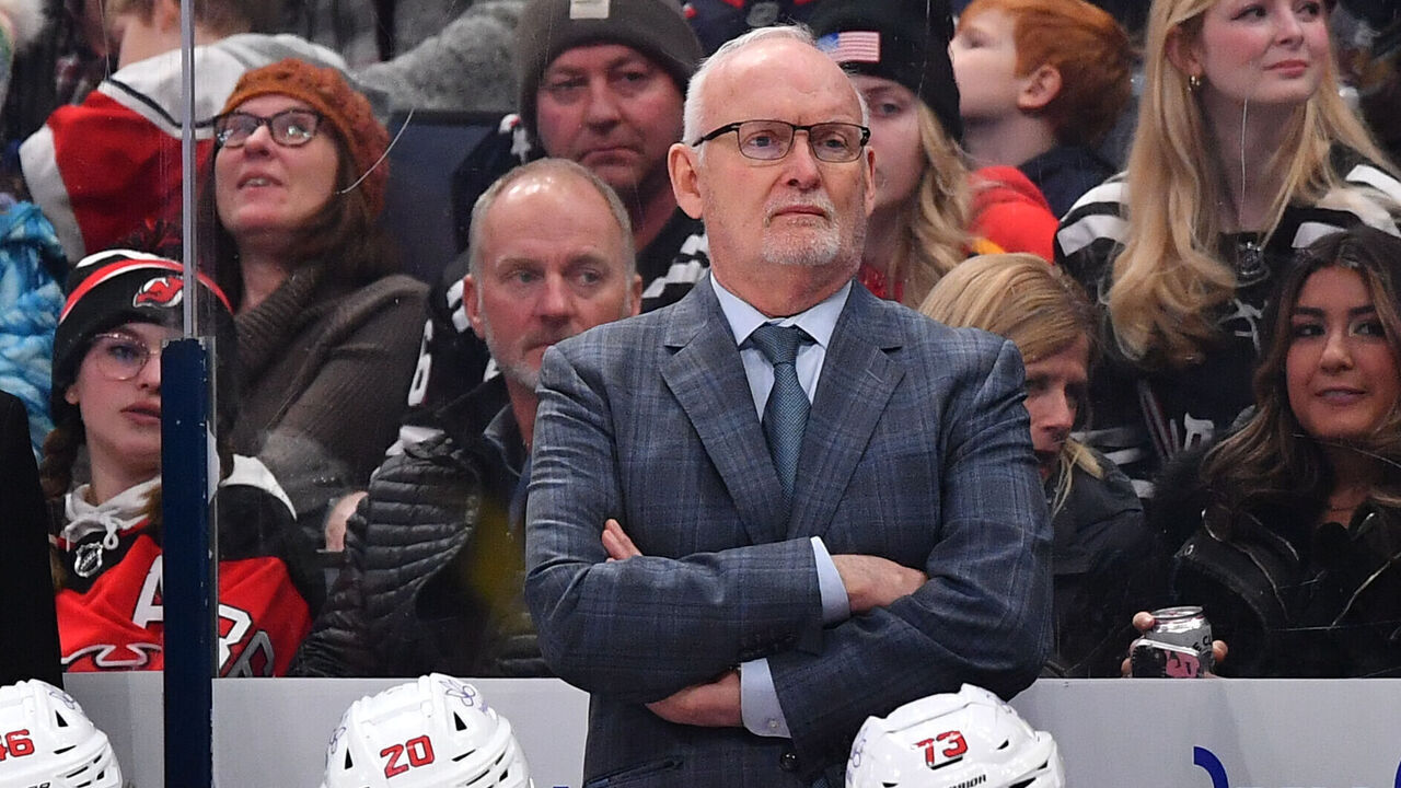 COLUMBUS, OHIO - JANUARY 19: Head coach Lindy Ruff of the New Jersey Devils watches gameplay during the second period of a game against the Columbus Blue Jackets at Nationwide Arena on January 19, 2024 in Columbus, Ohio.