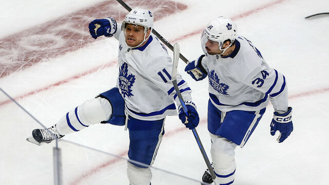 Boston, MA - April 22: Toronto Maple Leafs center Max Domi celebrates his goal with teammate Auston Matthews in the first period.
