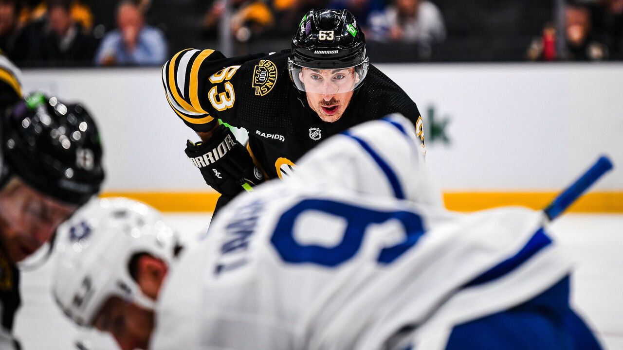 BOSTON, MASSACHUSETTS - APRIL 22: Brad Marchand #63 of the Boston Bruins waits for a faceoff during the second period against the Toronto Maple Leafs in Game Two of the First Round of the 2024 Stanley Cup Playoffs at TD Garden on April 22, 2024 in Boston, Massachusetts.