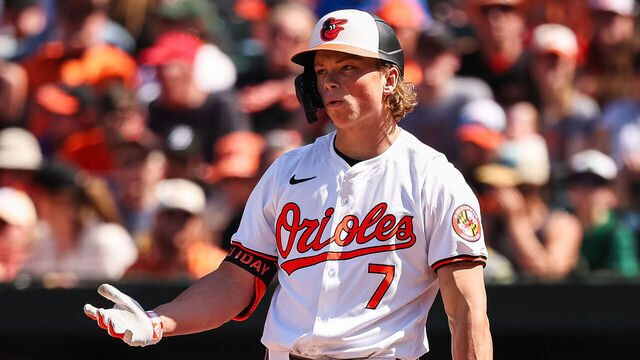 BALTIMORE, MD - APRIL 14: Jackson Holliday #7 of the Baltimore Orioles reacts after striking out against the Milwaukee Brewers during the fifth inning at Oriole Park at Camden Yards on April 14, 2024 in Baltimore, Maryland.