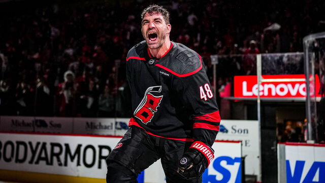 RALEIGH, NORTH CAROLINA - APRIL 22: Jordan Martinook #48 of the Carolina Hurricanes is recognized as one of the stars of the game after the victory against the New York Islanders in Game Two of the First Round of the 2024 Stanley Cup Playoffs at PNC Arena on April 22, 2024 in Raleigh, North Carolina.