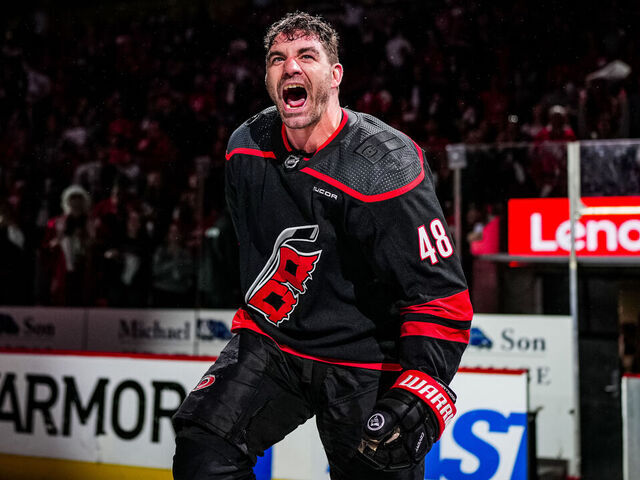 RALEIGH, NORTH CAROLINA - APRIL 22: Jordan Martinook #48 of the Carolina Hurricanes is recognized as one of the stars of the game after the victory against the New York Islanders in Game Two of the First Round of the 2024 Stanley Cup Playoffs at PNC Arena on April 22, 2024 in Raleigh, North Carolina.