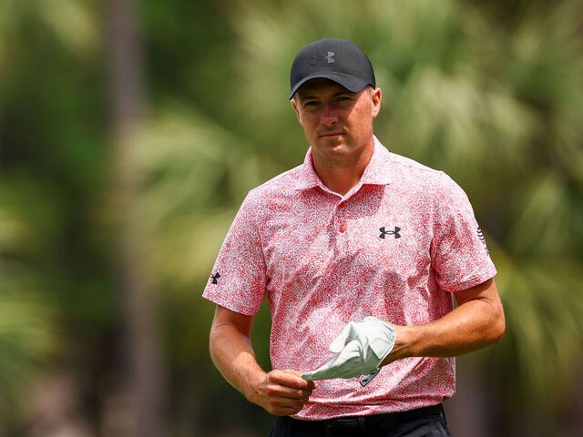 HILTON HEAD ISLAND, SOUTH CAROLINA - APRIL 21: Jordan Spieth looks on while playing the third hole during the final round of the RBC Heritage at Harbour Town Golf Links on April 21, 2024 in Hilton Head Island, South Carolina.