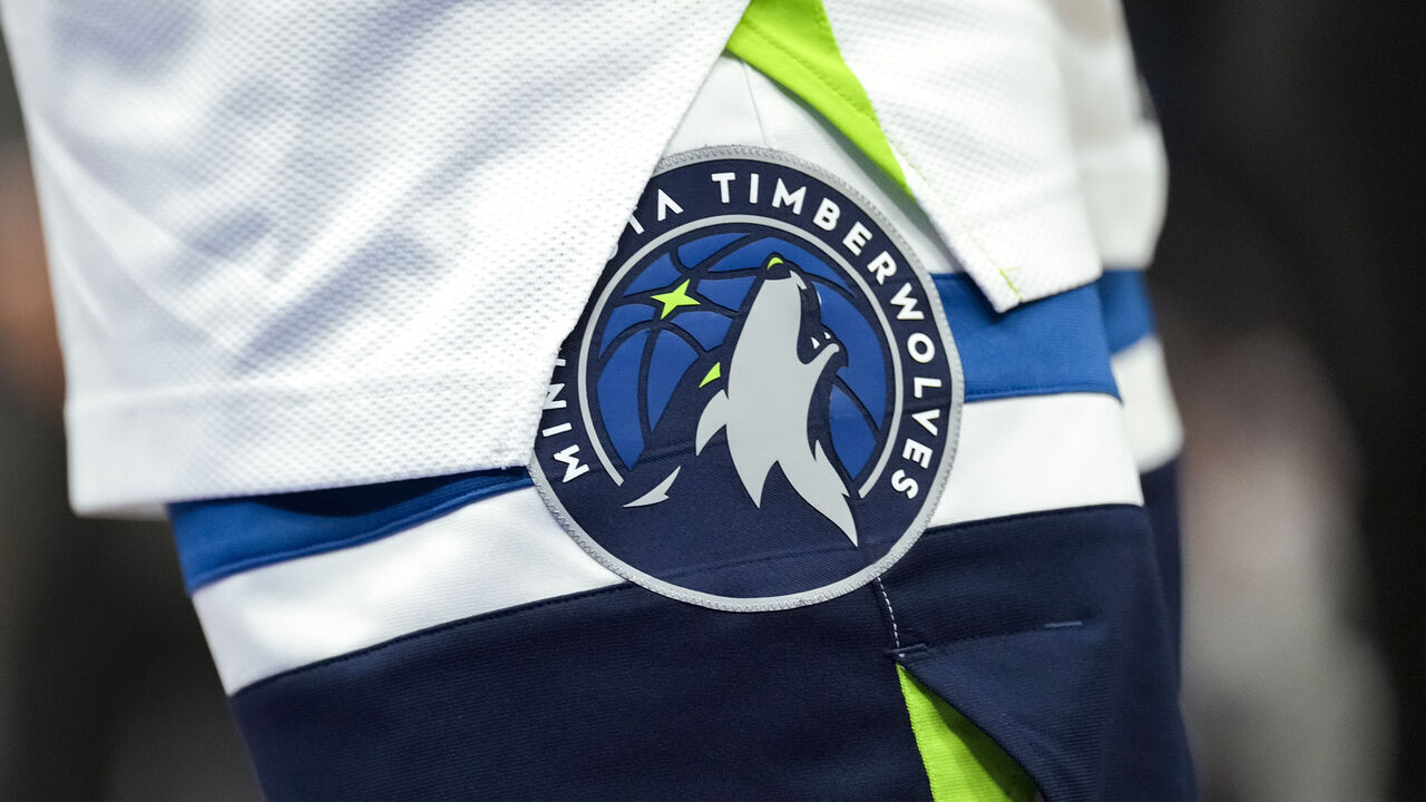 DETROIT, MICHIGAN - JANUARY 17: The Minnesota Timberwolves logo is pictured on a uniform during the game against the Detroit Pistons at Little Caesars Arena on January 17, 2024 in Detroit, Michigan.