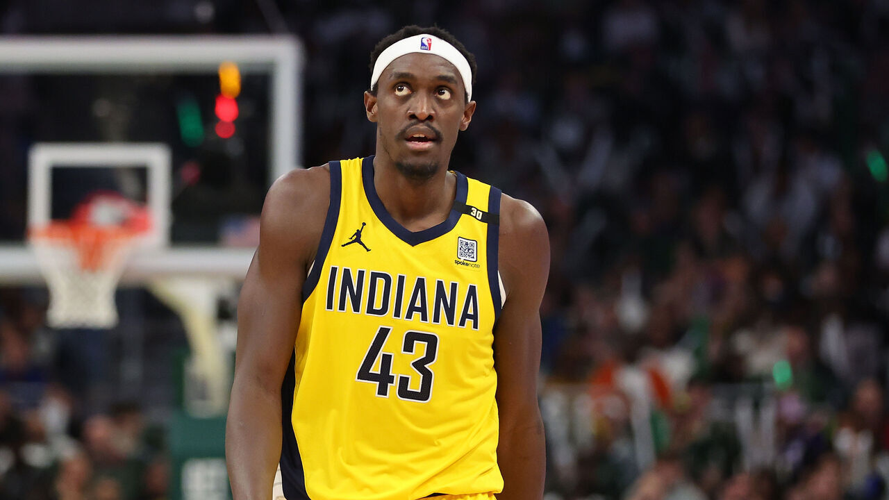 MILWAUKEE, WISCONSIN - APRIL 21: Pascal Siakam #43 of the Indiana Pacers walks backcourt during game one of the Eastern Conference First Round Playoffs against the Milwaukee Bucks at Fiserv Forum on April 21, 2024 in Milwaukee, Wisconsin.