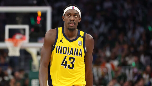 MILWAUKEE, WISCONSIN - APRIL 21: Pascal Siakam #43 of the Indiana Pacers walks backcourt during game one of the Eastern Conference First Round Playoffs against the Milwaukee Bucks at Fiserv Forum on April 21, 2024 in Milwaukee, Wisconsin.