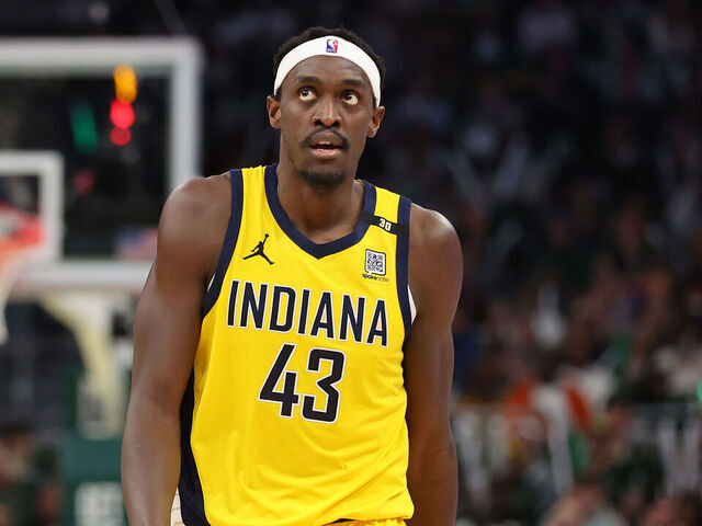 MILWAUKEE, WISCONSIN - APRIL 21: Pascal Siakam #43 of the Indiana Pacers walks backcourt during game one of the Eastern Conference First Round Playoffs against the Milwaukee Bucks at Fiserv Forum on April 21, 2024 in Milwaukee, Wisconsin.