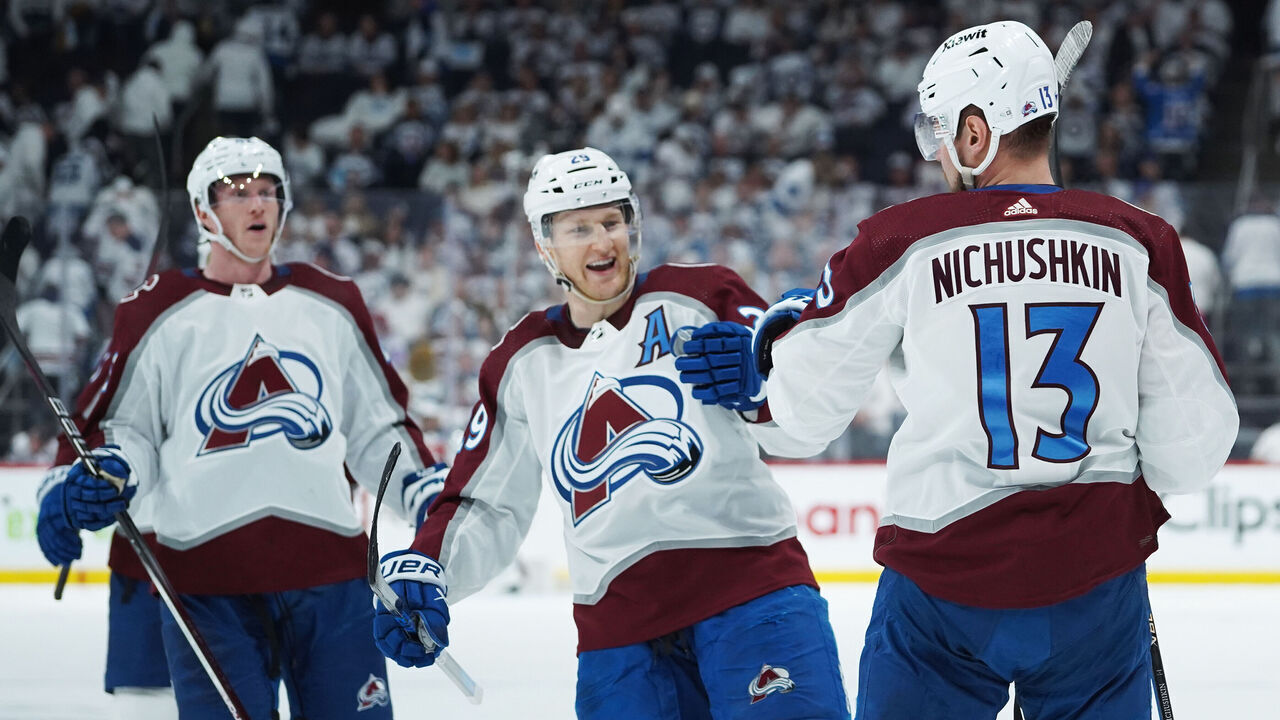WINNIPEG, CANADA - APRIL 23: Valeri Nichushkin #13 of the Colorado Avalanche celebrates his late game empty net goal on the Winnipeg Jets in Game Two of the First Round of the 2024 Stanley Cup Playoffs at Canada Life Centre on April 23, 2024, in Winnipeg, Canada.