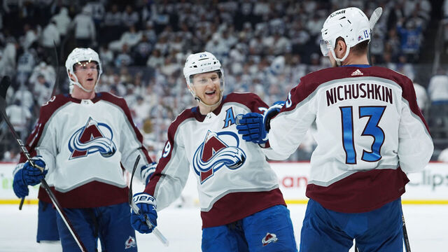WINNIPEG, CANADA - APRIL 23: Valeri Nichushkin #13 of the Colorado Avalanche celebrates his late game empty net goal on the Winnipeg Jets in Game Two of the First Round of the 2024 Stanley Cup Playoffs at Canada Life Centre on April 23, 2024, in Winnipeg, Canada.