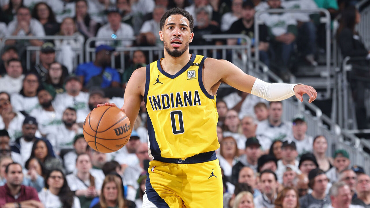 MILWAUKEE, WI - APRIL 23: Tyrese Haliburton #0 of the Indiana Pacers brings the ball up court during Round 1 Game 2 of the 2024 NBA Playoffs against the Milwaukee Bucks on April 23, 2024 at the Fiserv Forum Center in Milwaukee, Wisconsin. Mandatory Copyright Notice: Copyright 2024 NBAE .