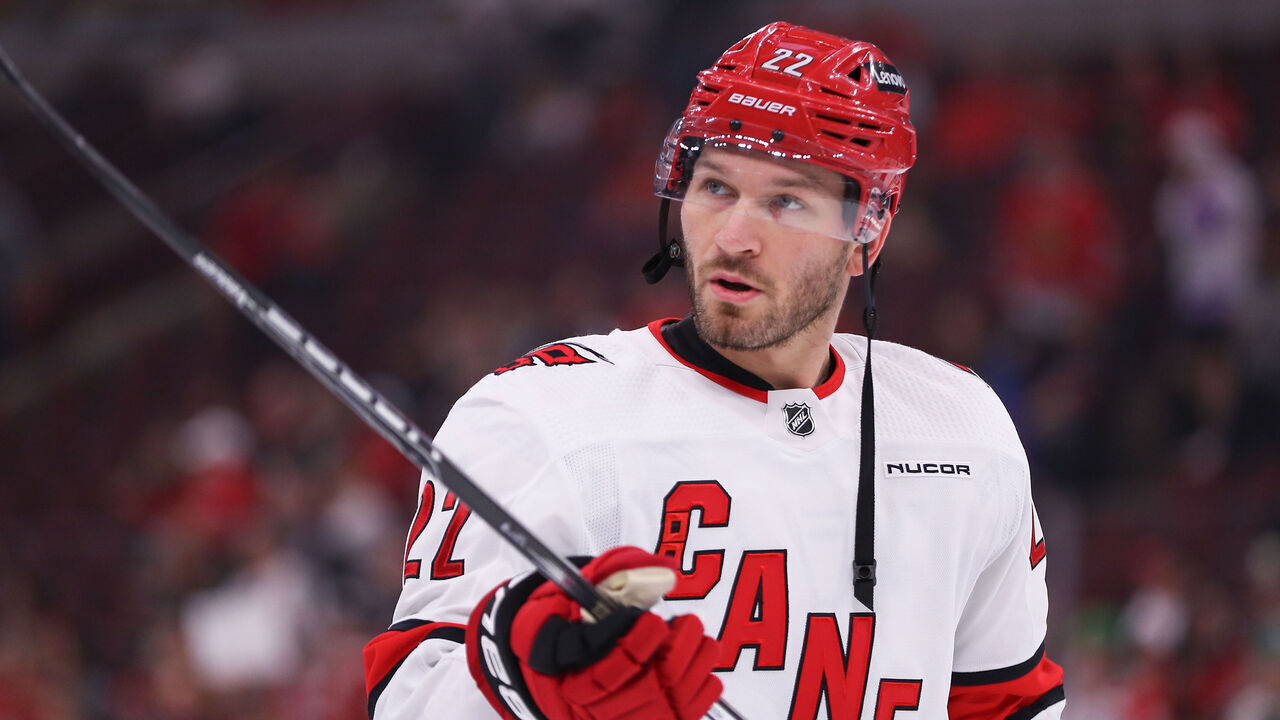 CHICAGO, IL - APRIL 14: Brett Pesce #22 of the Carolina Hurricanes looks on prior to a game against the Chicago Blackhawks at the United Center on April 14, 2024 in Chicago, Illinois.