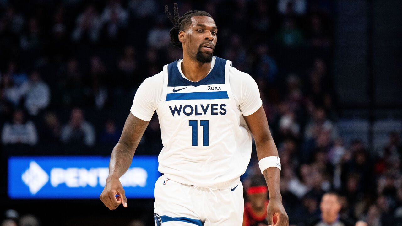 MINNEAPOLIS, MINNESOTA - APRIL 3: Naz Reid #11 of the Minnesota Timberwolves runs up the court in the first quarter of the game against the Toronto Raptors at Target Center on April 3, 2024 in Minneapolis, Minnesota.