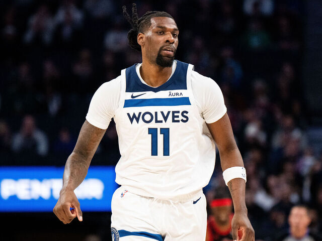 MINNEAPOLIS, MINNESOTA - APRIL 3: Naz Reid #11 of the Minnesota Timberwolves runs up the court in the first quarter of the game against the Toronto Raptors at Target Center on April 3, 2024 in Minneapolis, Minnesota.