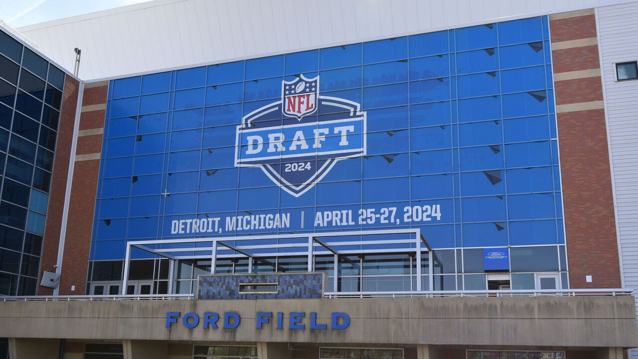 DETROIT, MI - APRIL 18: A general exterior view of Ford Field, home of the NFL Detroit Lions, with a sign displayed to announce the upcoming NFL draft. The draft is scheduled to be held around Campus Martius Park and Hart Plaza in Detroit, Michigan on April 2527, 2024. Photo taken prior to the MLB game between the Detroit Tigers and the Texas Rangers at Comerica Park on April 18, 2024 in Detroit, Michigan.