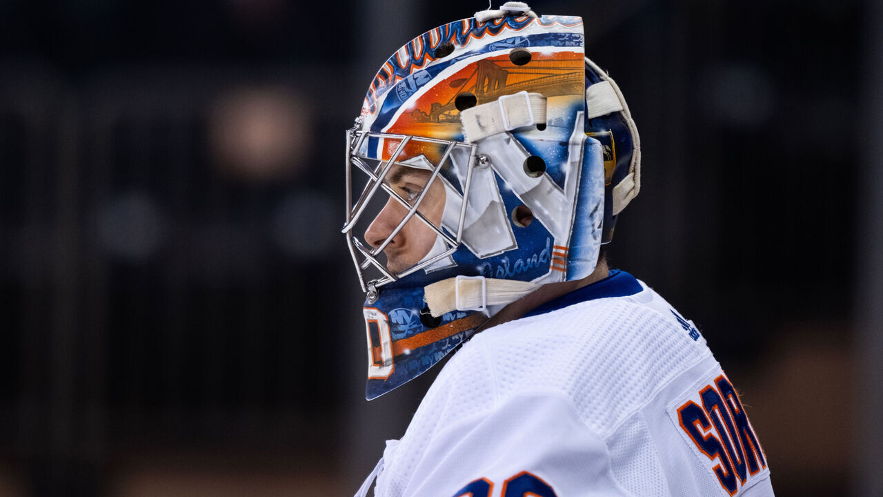 NEW YORK, NEW YORK - APRIL 13: Ilya Sorokin #30 of the New York Islanders skates during warmups prior to the game against the New York Rangers at Madison Square Garden on April 13, 2024 in New York City.
