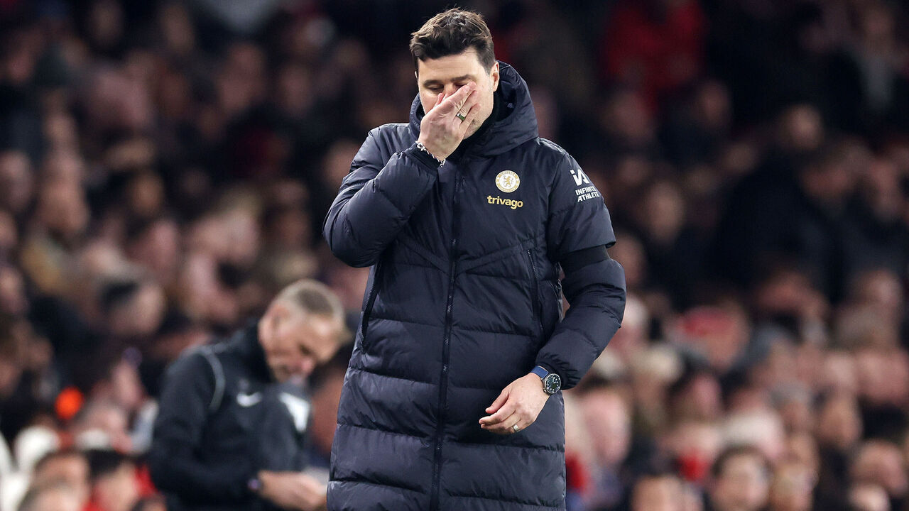 LONDON, ENGLAND - APRIL 23: Mauricio Pochettino, Manager of Chelsea, looks dejected during the Premier League match between Arsenal FC and Chelsea FC at Emirates Stadium on April 23, 2024 in London, England.