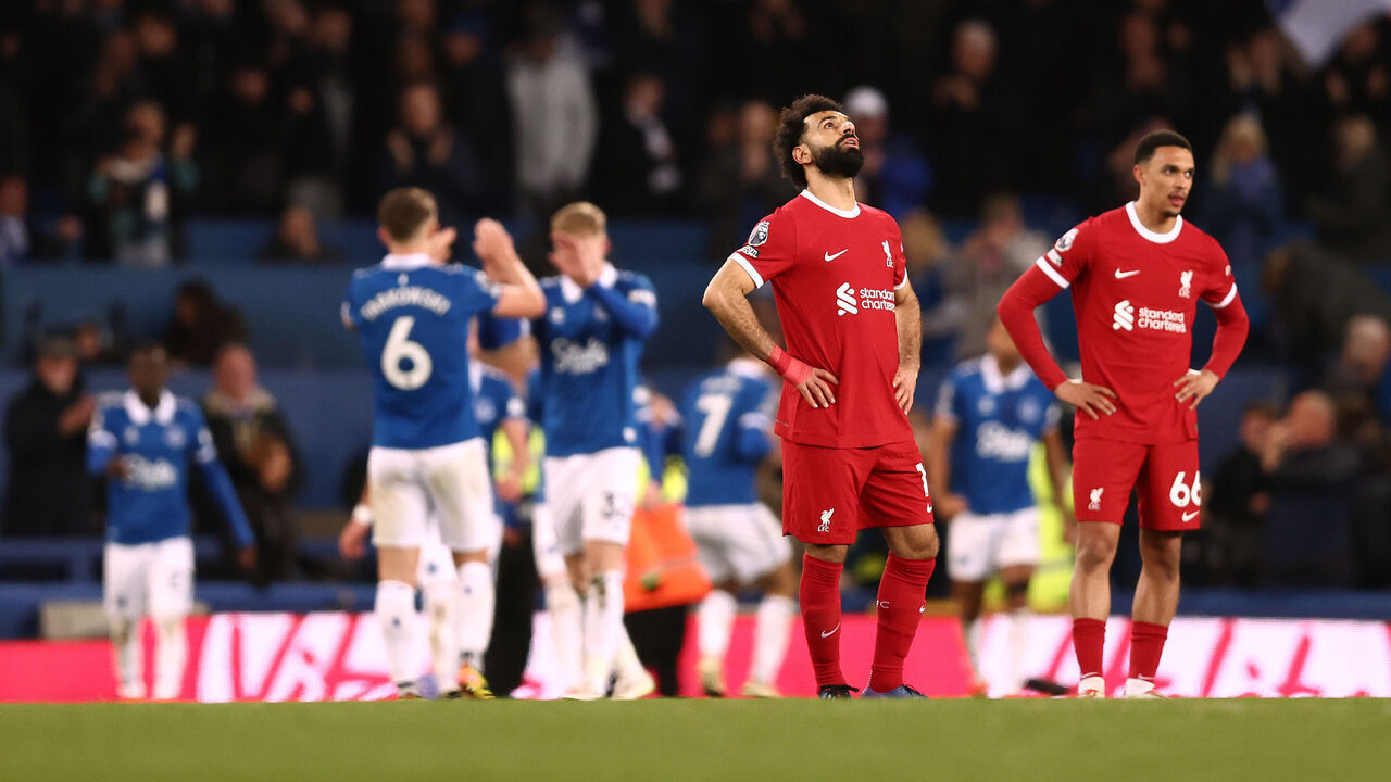 LIVERPOOL, ENGLAND - APRIL 24: Mohamed Salah of Liverpool looks dejected after Dominic Calvert-Lewin of Everton (not pictured) scores his team's second goal during the Premier League match between Everton FC and Liverpool FC at Goodison Park on April 24, 2024 in Liverpool, England.