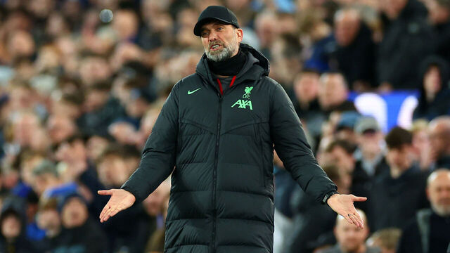 LIVERPOOL, ENGLAND - APRIL 24: Liverpool manager Jurgen Klopp reacts during the Premier League match between Everton FC and Liverpool FC at Goodison Park on April 24, 2024 in Liverpool, England.