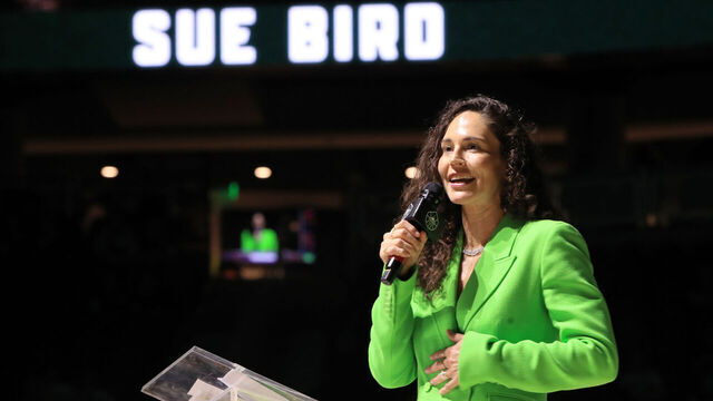 SEATTLE, WA - JUNE 11: Sue Bird gives a speech during her jersey retirement ceremony on June 11, 2023 at Climate Pledge Arena in Seattle, Washington. Mandatory Copyright Notice: Copyright 2023 NBAE