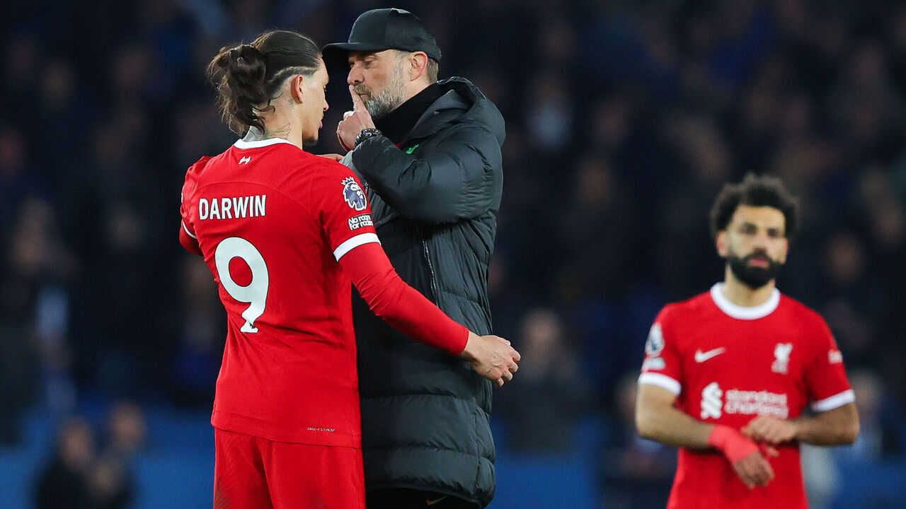 LIVERPOOL, ENGLAND - APRIL 24: Jurgen Klopp, manager of Liverpool, gestures to Darwin Nunez of Liverpool to be quiet after the Premier League match between Everton FC and Liverpool FC at Goodison Park on April 24, 2024 in Liverpool, England.