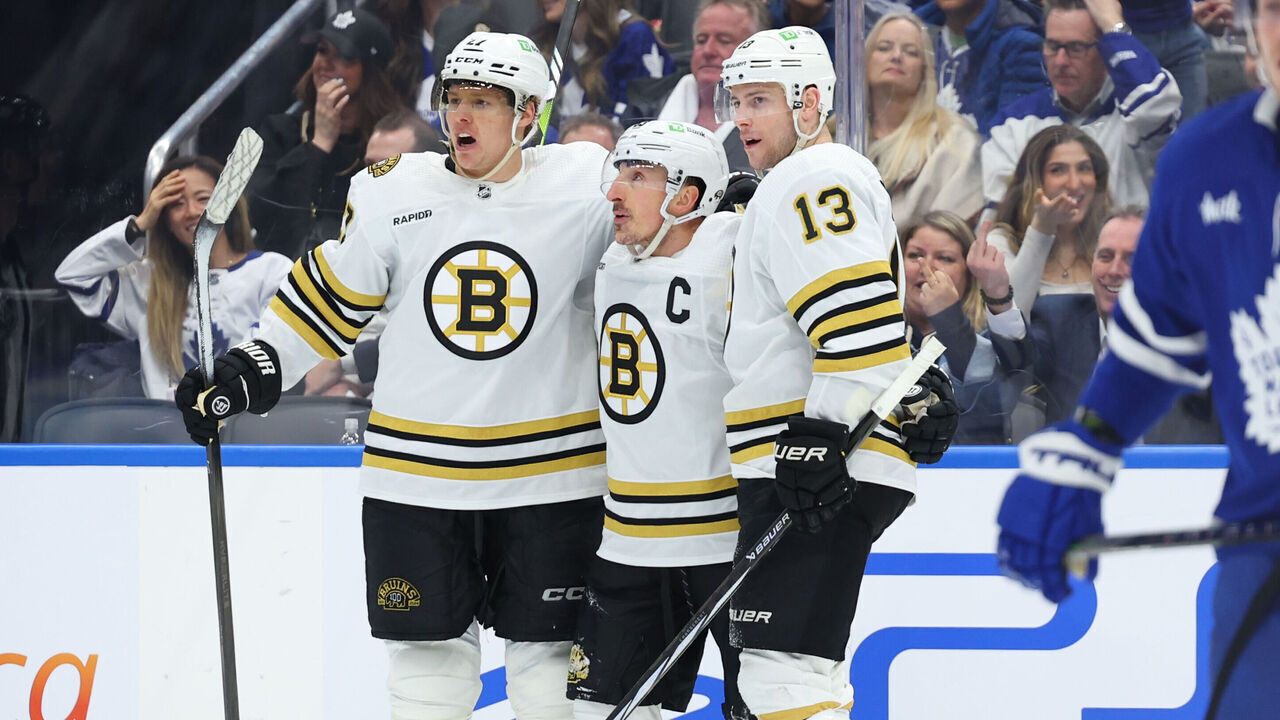 TORONTO, ON - APRIL 24: Boston Bruins celebrate an empty net goal by Boston Bruins left wing Brad Marchand (63) during the third period of Game 3 of the Eastern Conference First Round playoffs between the Boston Bruins and the Toronto Maple Leafs at Scotiabank Arena in Toronto, ON.