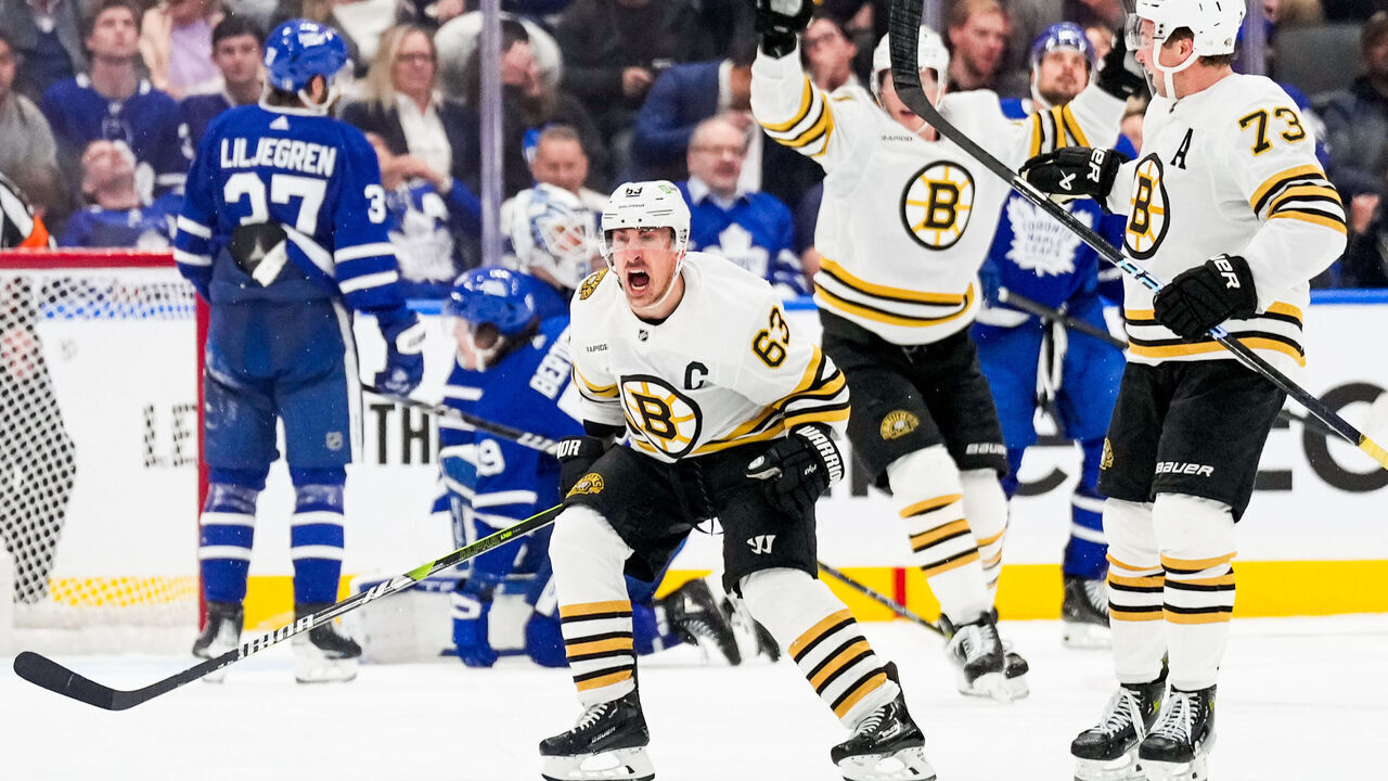 TORONTO, ON - APRIL 24: Brad Marchand #63 of the Boston Bruins celebrates his goal agasint the Toronto Maple Leafs during the third period in Game Three of the First Round of the 2024 Stanley Cup Playoffs at Scotiabank Arena on April 24, 2024 in Toronto, Ontario, Canada.