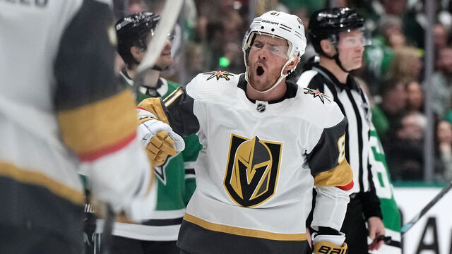 DALLAS, TEXAS - APRIL 24: Jonathan Marchessault #81 of the Vegas Golden Knights is congratulated by his teammates from the bench after scoring a goal during the first period against the Dallas Stars in Game Two of the First Round of the 2024 Stanley Cup Playoffs at the American Airlines Center on April 24, 2024 in Dallas, Texas.