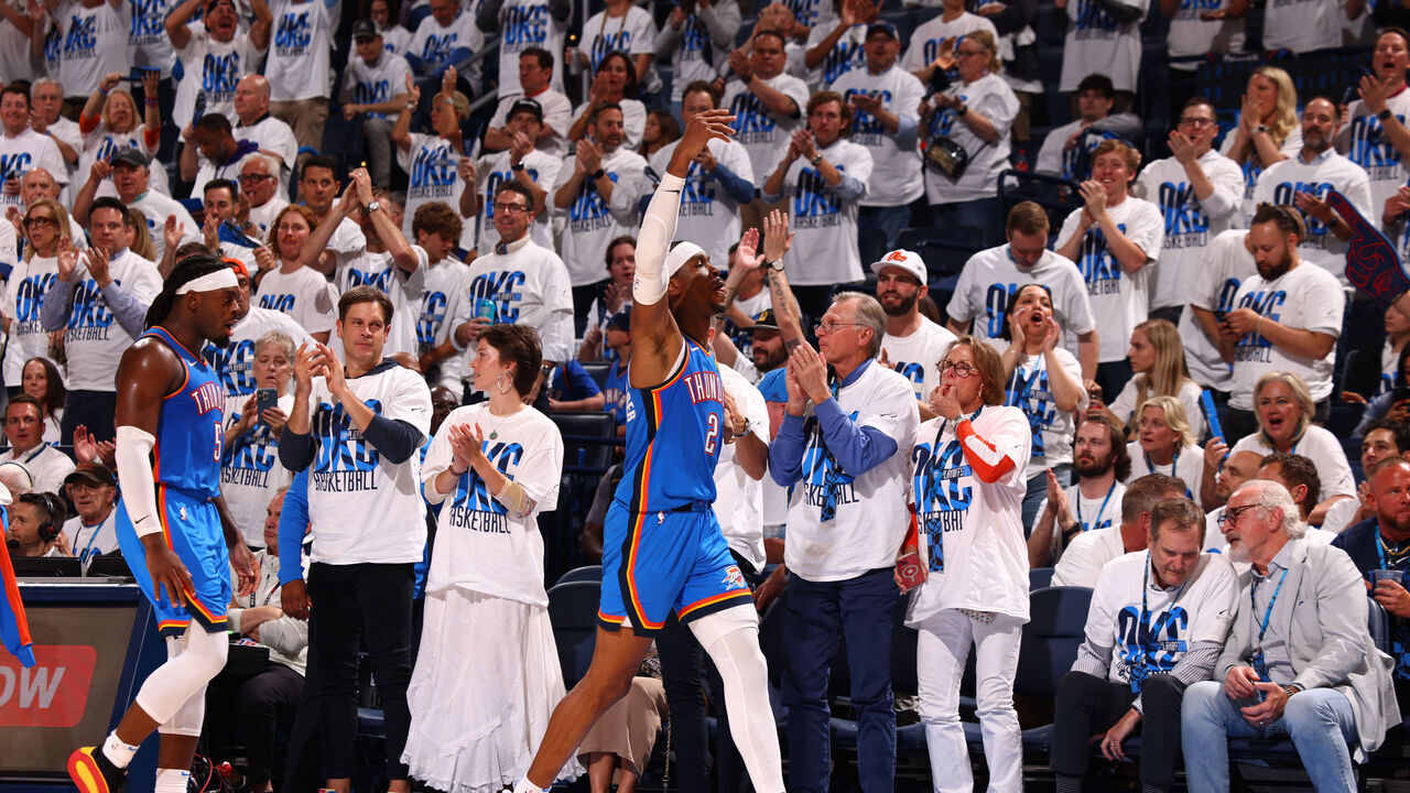 OKLAHOMA CITY, OK - APRIL 24: Shai Gilgeous-Alexander #2 of the Oklahoma City Thunder celebrates during the game against the New Orleans Pelicans during Round 1 Game 2 of the 2024 NBA Playoffs on April 24, 2024 at Paycom Arena in Oklahoma City, Oklahoma. Mandatory Copyright Notice: Copyright 2024 NBAE
