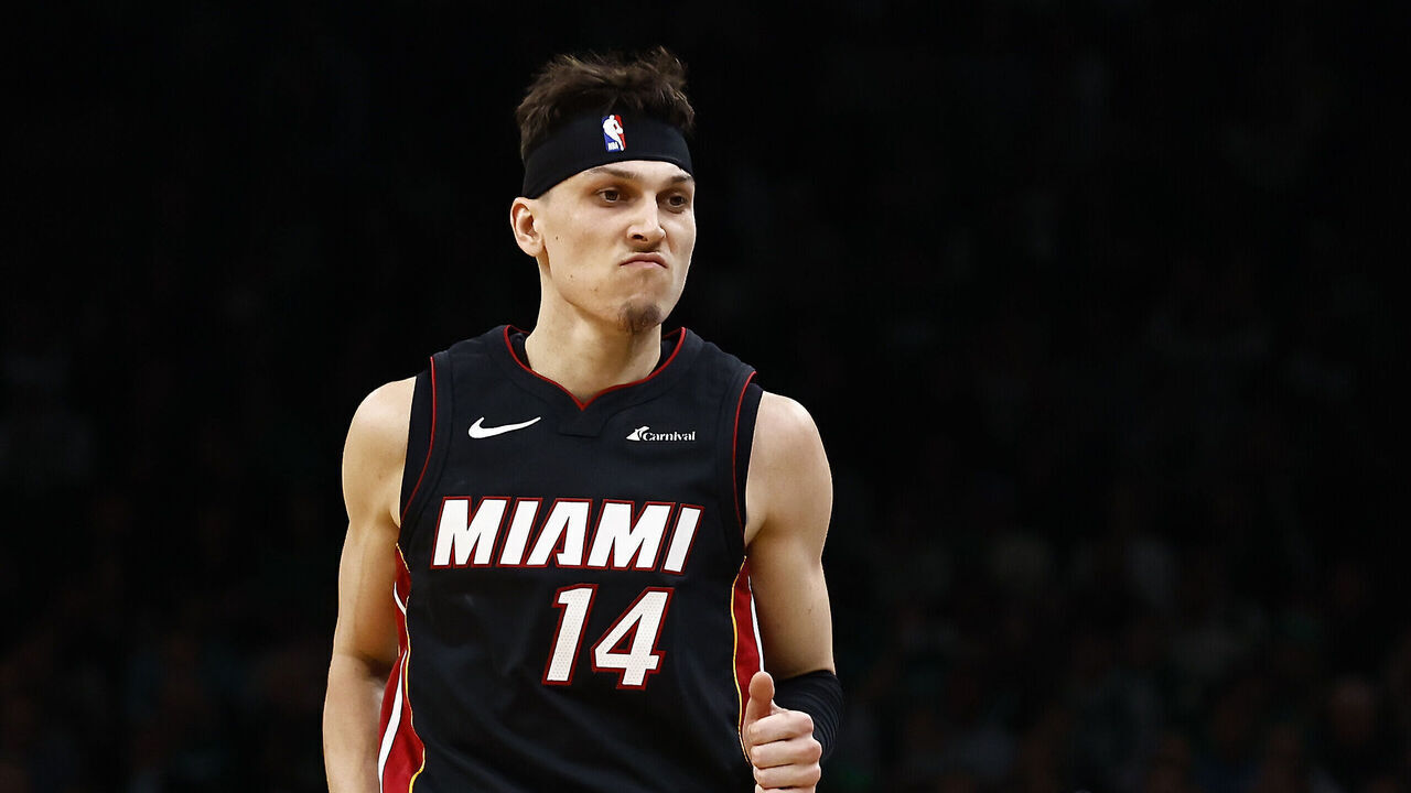 BOSTON, MA - APRIL 24: Tyler Herro #14 of the Miami Heat looks at his bench after making a three-point basket against the Boston Celtics during the second quarter of game two of the Eastern Conference First Round Playoffs at TD Garden on April 24, 2024 in Boston, Massachusetts. NOTE TO USER: User expressly acknowledges and agrees that, by downloading and/or using this Photograph, user is consenting to the terms and conditions of the Getty Images License Agreement.