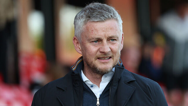 SALFORD, ENGLAND - MAY 13: Ole Gunnar Solskjaer looks on as they arrive at the stadium prior to the Sky Bet League Two Play-Off Semi-Final First Leg match between Salford City and Stockport County at Peninsula Stadium on May 13, 2023 in Salford, England.