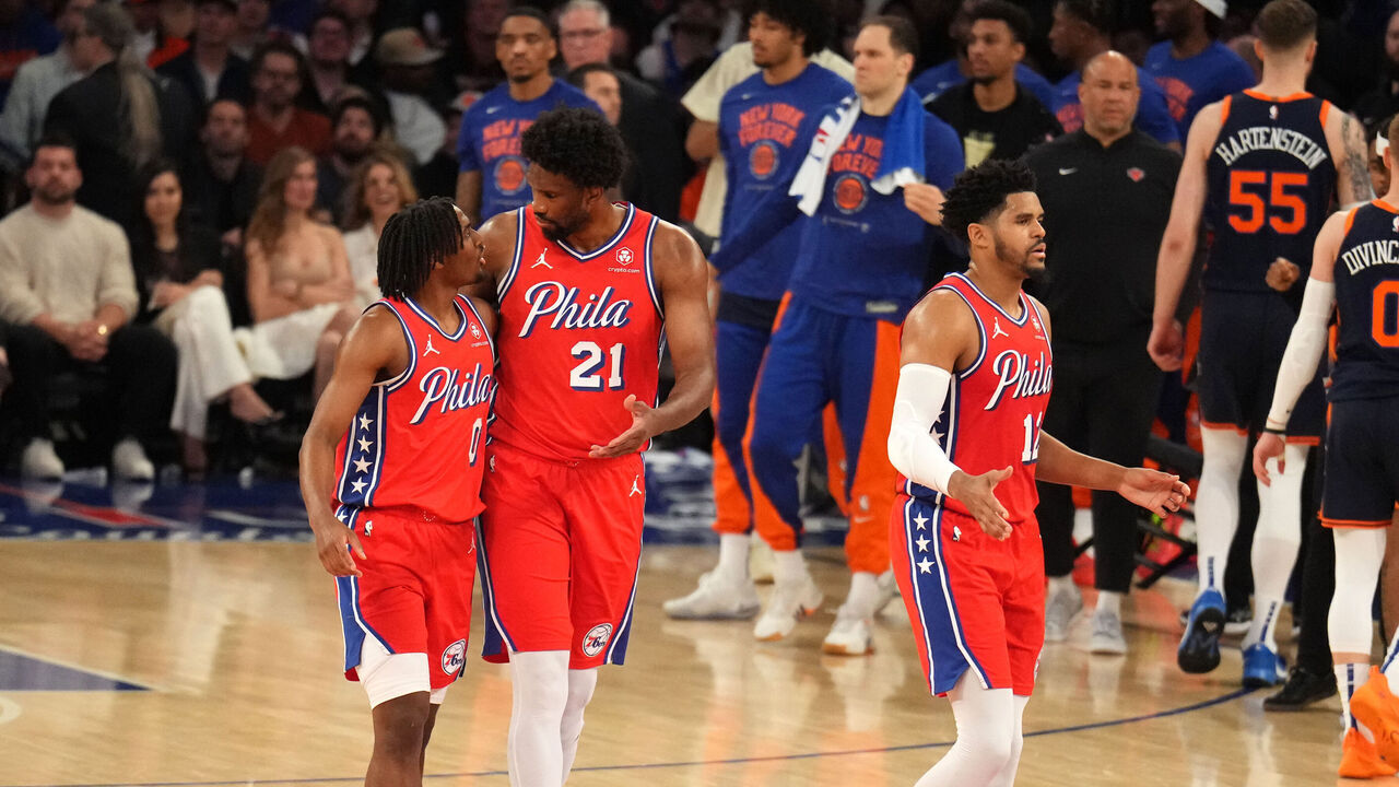 NEW YORK, NY - APRIL 22: Joel Embiid #21 and Tyrese Maxey #0 of the Philadelphia 76ers look on during the game against the New York Knicks during Round 1 Game 2 of the 2024 NBA Playoffs on April 22, 2024 at Madison Square Garden in New York City, New York. Mandatory Copyright Notice: Copyright 2024 NBAE