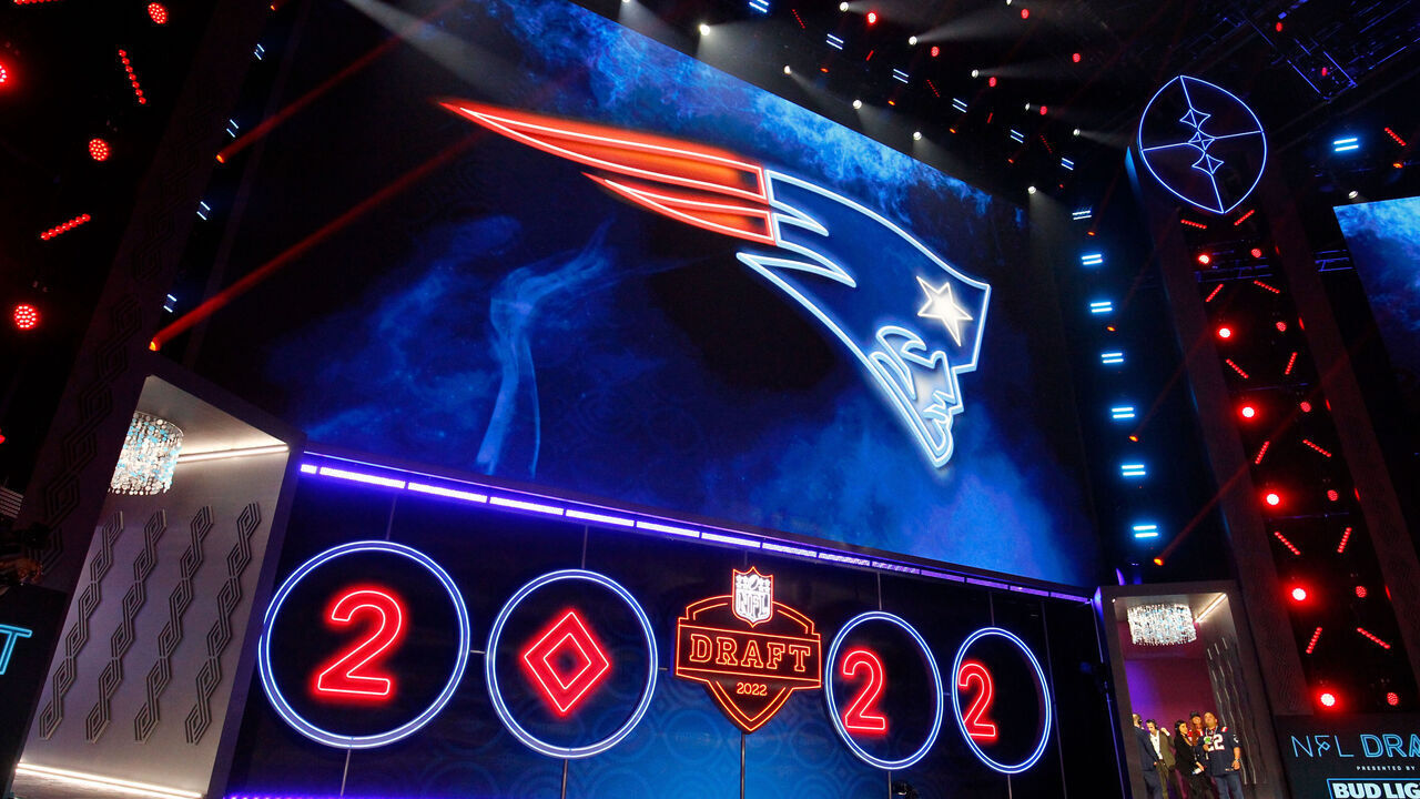 LAS VEGAS, NV - APRIL 28: General view of the New England Patriots logo during the NFL Draft on April 28, 2022 in Las Vegas, Nevada.