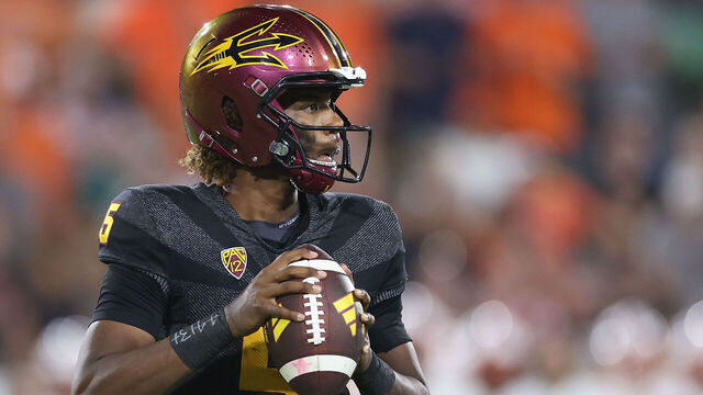 TEMPE, ARIZONA - SEPTEMBER 09: Quarterback Jaden Rashada #5 of the Arizona State Sun Devils drops back to pass during the first half of the NCAAF game against the Oklahoma State Cowboys at Mountain America Stadium on September 09, 2023 in Tempe, Arizona.