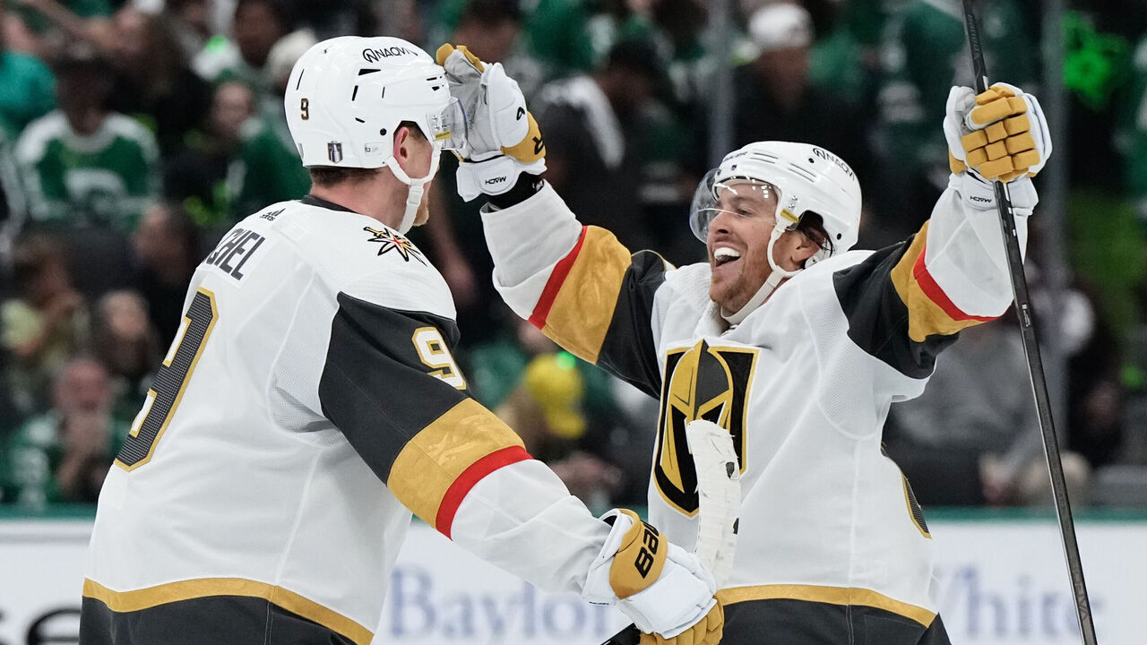 DALLAS, TEXAS - APRIL 24: Jack Eichel #9 of the Vegas Golden Knights celebrates his goal in the third period with Jonathan Marchessault #81 in Game Two of the First Round of the 2024 Stanley Cup Playoffs at the American Airlines Center on April 24, 2024 in Dallas, Texas.