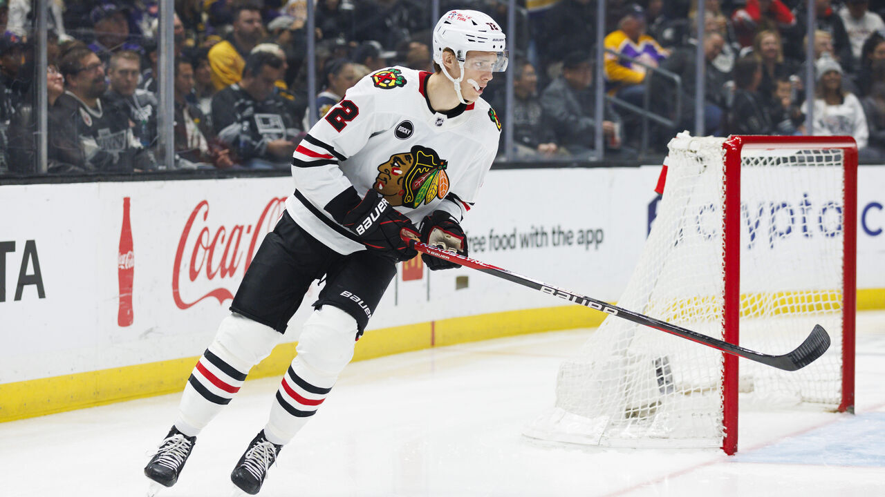 LOS ANGELES, CA - APRIL 18: Chicago Blackhawks defenseman Alex Vlasic (72) skates during an NHL hockey game against the Los Angeles Kings on April 18, 2024 at Crypto.com Arena in Los Angeles, CA.