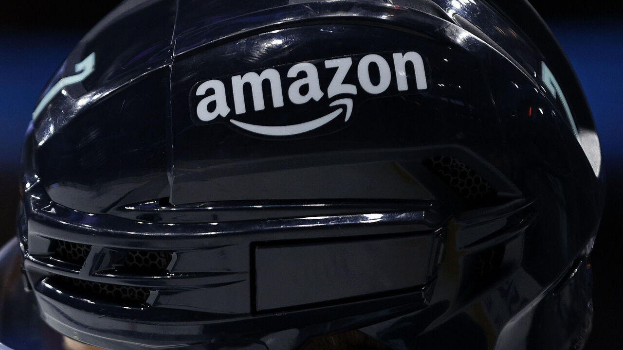 SEATTLE, WASHINGTON - OCTOBER 25: The Amazon logo is seen on the helmet of Jordan Eberle #7 of the Seattle Kraken as he warms up before the game against the Buffalo Sabres at Climate Pledge Arena on October 25, 2022 in Seattle, Washington.