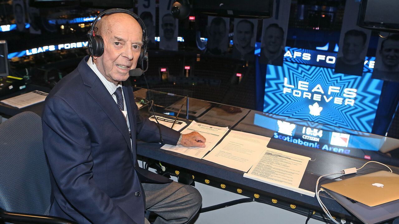 TORONTO, ON - DECEMBER 22: Broadcast legend Bob Cole gets set call the action on Hockey Night in Canada between the New York Rangers and the Toronto Maple Leafs in an NHL game at Scotiabank Arena on December 22, 2018 in Toronto, Ontario, Canada. The Maple Leafs defeated the Rangers 5-3.