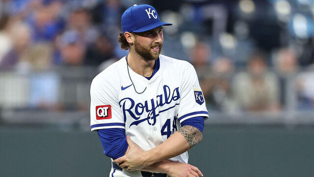 KANSAS CITY, MO - APRIL 24: Kansas City Royals pitcher Alec Marsh (48) holds his elbow after being hit by a batted ball in the fifth inning of an MLB game between the Toronto Blue Jays and Kansas City Royals on Apr 24, 2024 at Kauffman Stadium in Kansas City, MO.