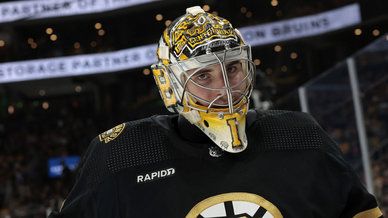 BOSTON, MA - APRIL 20: Boston Bruins goalie Jeremy Swayman (1) during Game 1 of the Eastern Conference First Round playoffs between the Boston Bruins and the Toronto Maple Leafs on April 20, 2024, at TD Garden in Boston, Massachusetts.
