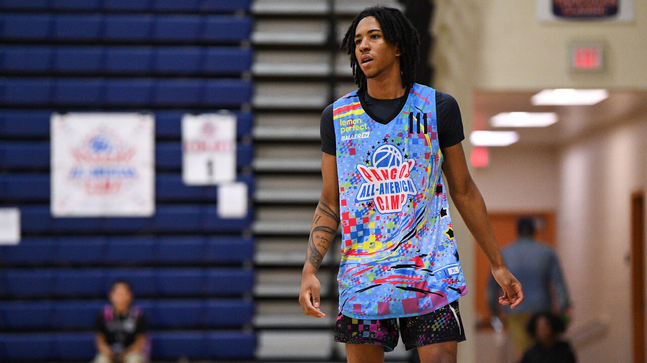 LAS VEGAS, NV - JUNE 05: Johnuel Boogie Fland looks on during the Pangos All-American Camp on June 5, 2023 at the Bishop Gorman High School in Las Vegas, NV.