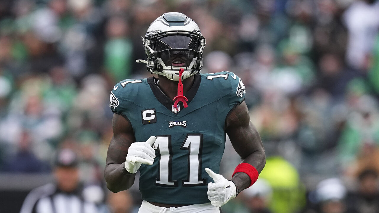 PHILADELPHIA, PENNSYLVANIA - DECEMBER 31: A.J. Brown #11 of the Philadelphia Eagles looks on against the Arizona Cardinals at Lincoln Financial Field on December 31, 2023 in Philadelphia, Pennsylvania.