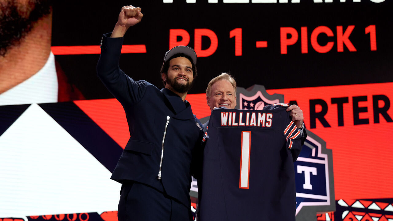DETROIT, MICHIGAN - APRIL 25: (L-R) Caleb Williams poses with NFL Commissioner Roger Goodell after being selected first overall by the Chicago Bears during the first round of the 2024 NFL Draft at Campus Martius Park and Hart Plaza on April 25, 2024 in Detroit, Michigan.