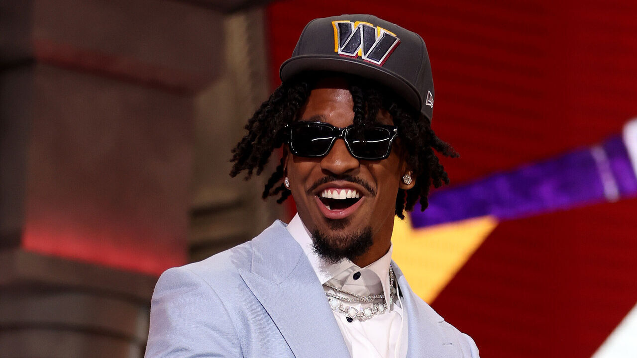 DETROIT, MICHIGAN - APRIL 25: Jayden Daniels celebrates after being selected second overall by the Washington Commanders during the first round of the 2024 NFL Draft at Campus Martius Park and Hart Plaza on April 25, 2024 in Detroit, Michigan.