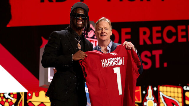 DETROIT, MICHIGAN - APRIL 25: (L-R) Marvin Harrison Jr. poses with NFL Commissioner Roger Goodell after being selected fourth overall by the Arizona Cardinals during the first round of the 2024 NFL Draft at Campus Martius Park and Hart Plaza on April 25, 2024 in Detroit, Michigan.