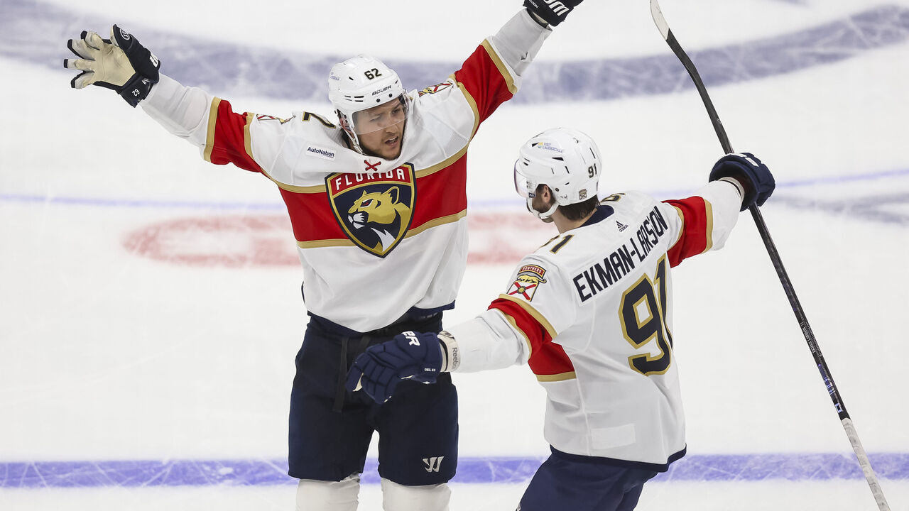 TAMPA, FL - APRIL 25: Brandon Montour #62 of the Florida Panthers celebrates a goal with teammate Oliver Ekman-Larsson #91 against the Tampa Bay Lightning in Game Three of the First Round of the 2024 Stanley Cup Playoffs at Amalie Arena on April 25, 2024 in Tampa, Florida.